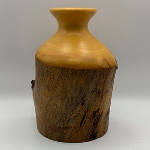 Vintage Wood Vase Hand Turned Natural with Bark Asymmetric Boho 6"
